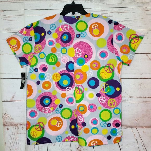 Just Love Medical Scrub Top Medium Pink Multi Colored Peace Signs - Picture 7 of 12